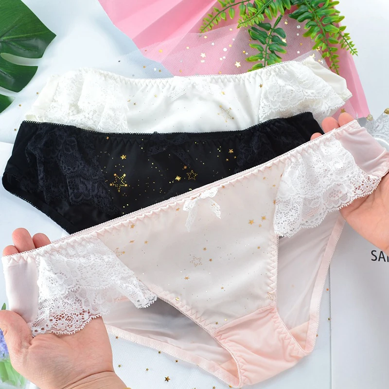 CANLEKALEI Large Size Women's Panties Female Underwear Lingerie Sexy Lace Edge Ice Silk Summer Style Breathable Bronzing Stars