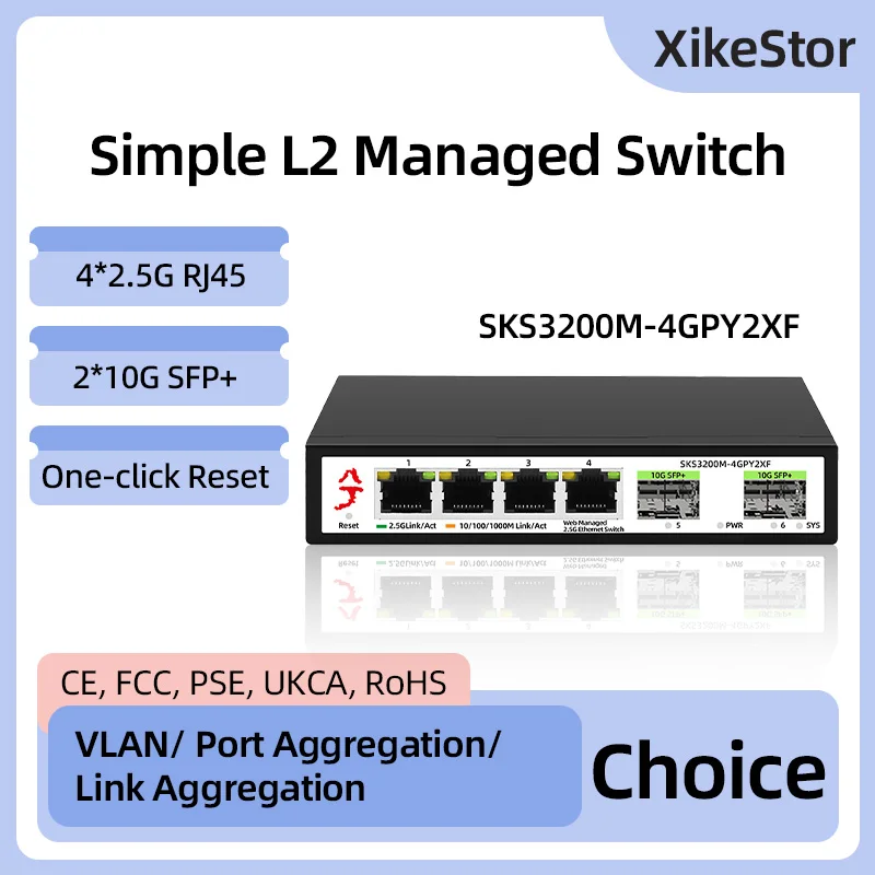 XikeStor 2.5GbE Simple L2 administrado 4 puertos RJ45 2500Mbps Web Red Ethernet administrada 2 puertos 10G SFP + ranura Home Lab