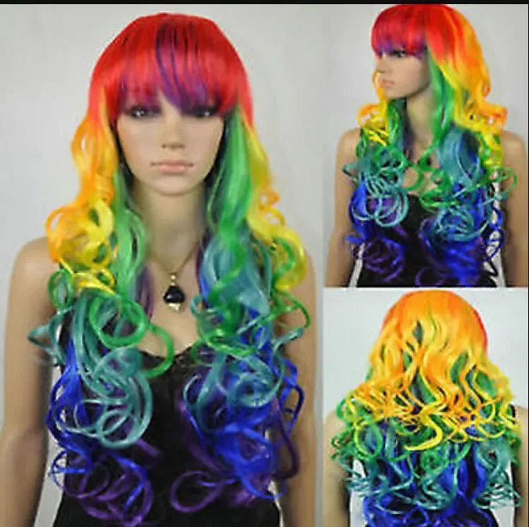 Lolita Long Wavy Curly Multi-Color Colorful Rainbow Full Hair Wig Cosplay Party Wigs