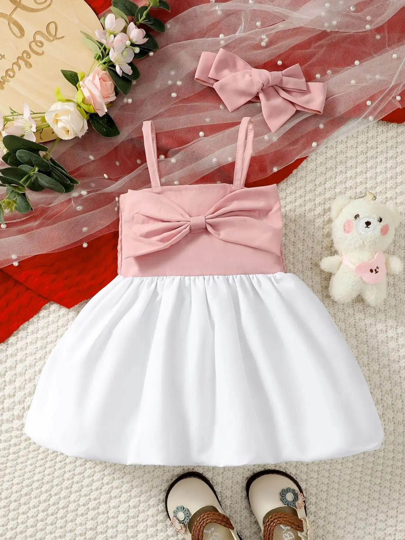 0-3 Year Old Newborn Baby Girls Summer Sleeveless Bow Strap Pink Patchwork White Fashionable Party Dress