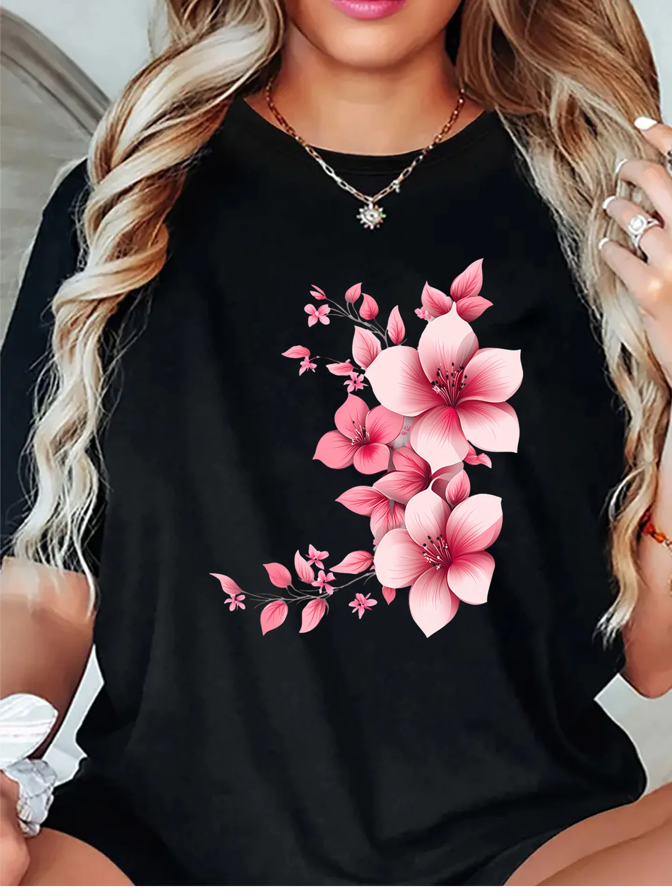 Pink Floral Blossom Spring Flower Botanical Art Print Graphic Womens T Shirt Short Sleeve Crew Neck Casual Ladies Tee Tops