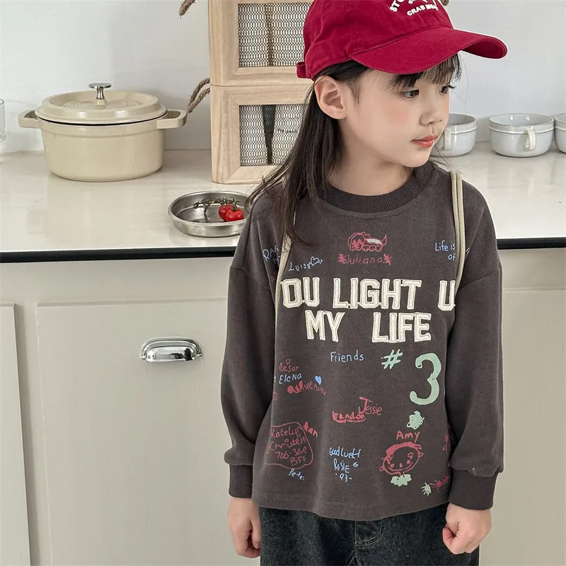 

2024 Autumn New Children Sweatshirt Letter Embroidery Boys Girls Long Sleeve T Shirts Cotton Kids Fashion Casual Bottoming Tops