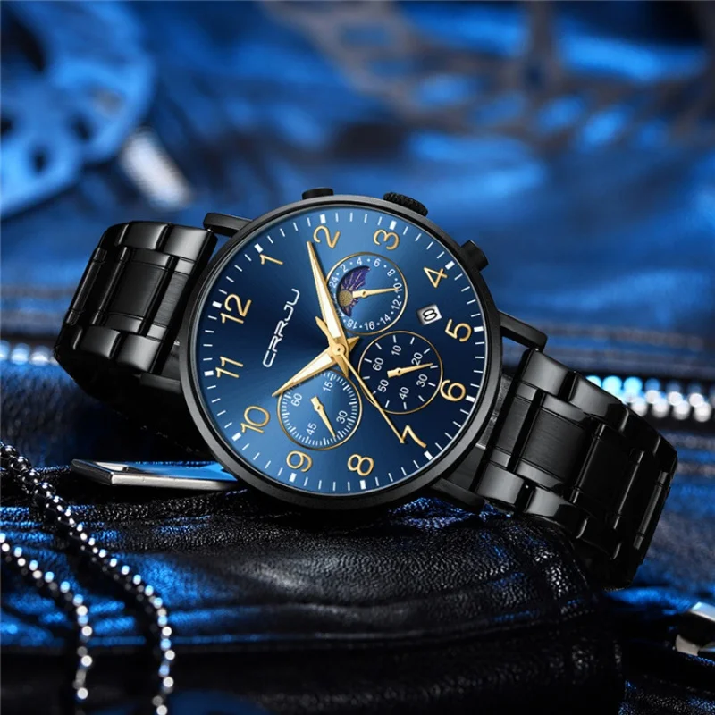 Crrju 2276 relógio de quartzo masculino casual multifuncional cronógrafo calendário luminoso à prova d'água simples relógios esportivos masculinos reloj hombre