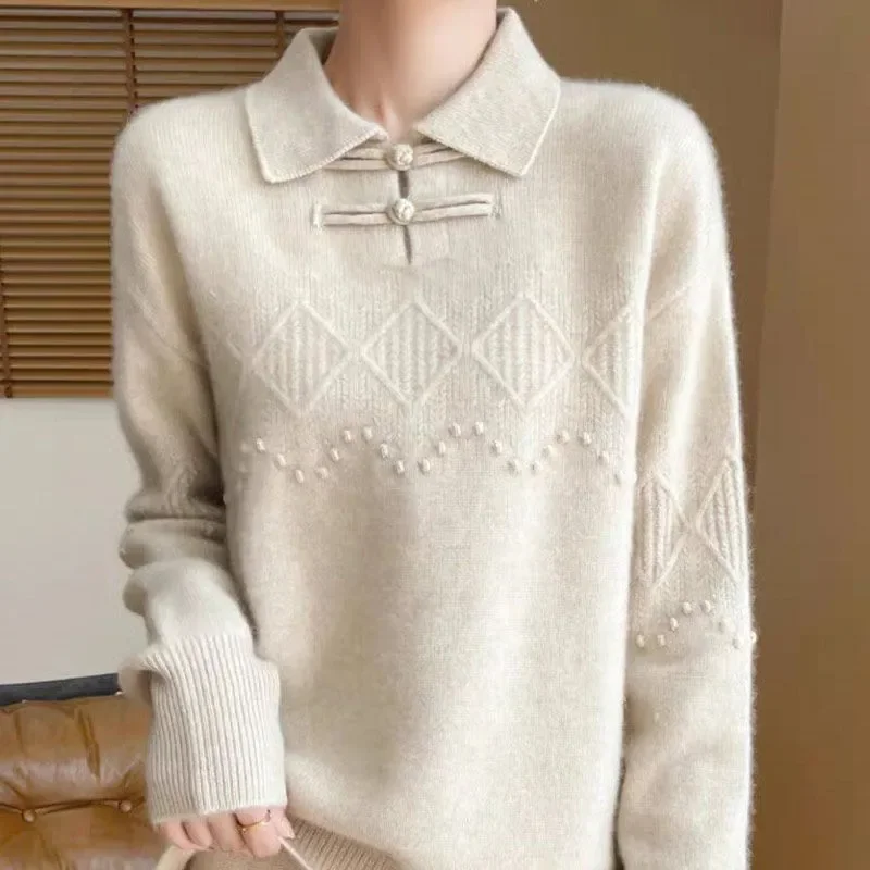 Pair Button Chinese Style Pure Color Fashionable Sweater Long Sleeve Fashionable Design Loose Sweater Comfortable Casual
