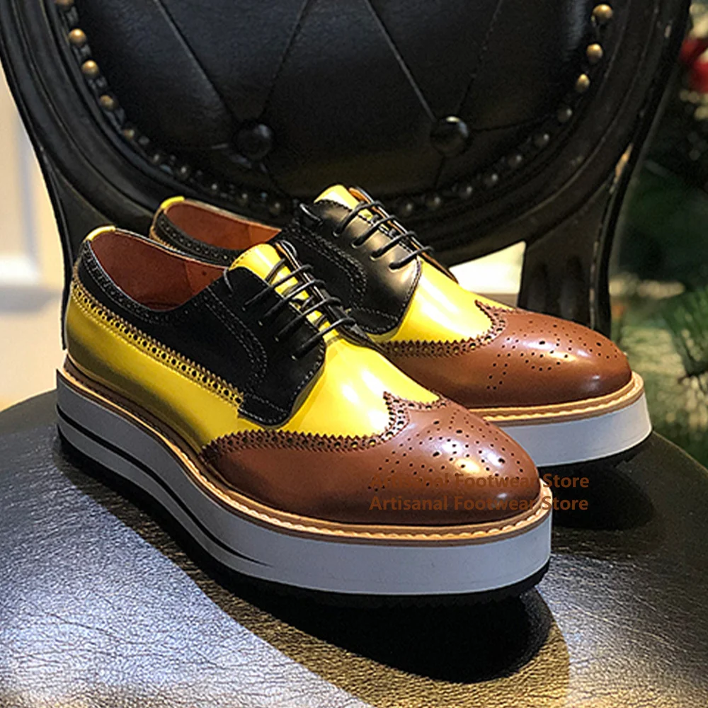 

Color Block Carved Brogue Shoes Height Increasing Derby Lace Up Cowhide Thick Soled Shoes for Men Handmade Shoe Men's Shoes