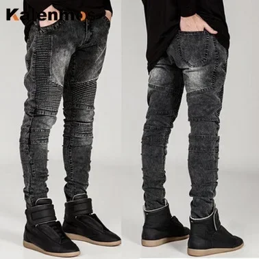 

Men Jeans Hole Skinny Jean Spliced Slim Fit Pencil Pants Pockets Solid Distressed Denim Trouser 2025 Ankle Length Moto Biker