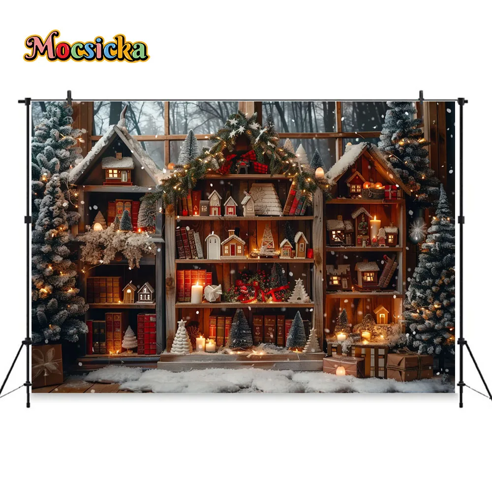 Christmas Bookshelf Photography Background Santa Wooden House Xmas Tree Candle Backdrop Kids Birthday Cake Smash Photo Studio