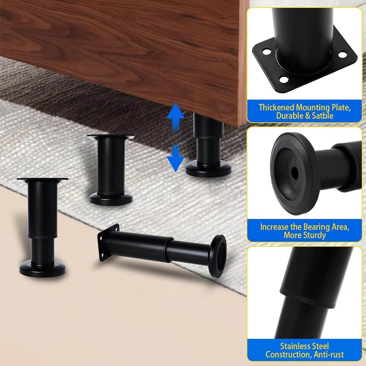 أرجل أثاث من الفولاذ المقاوم للصدأ قابلة للتعديل، أرجل بديلة معدنية سميكة مع مسامير لخزانة مكتب وطاولة وكرسي وسرير الأريكة #4