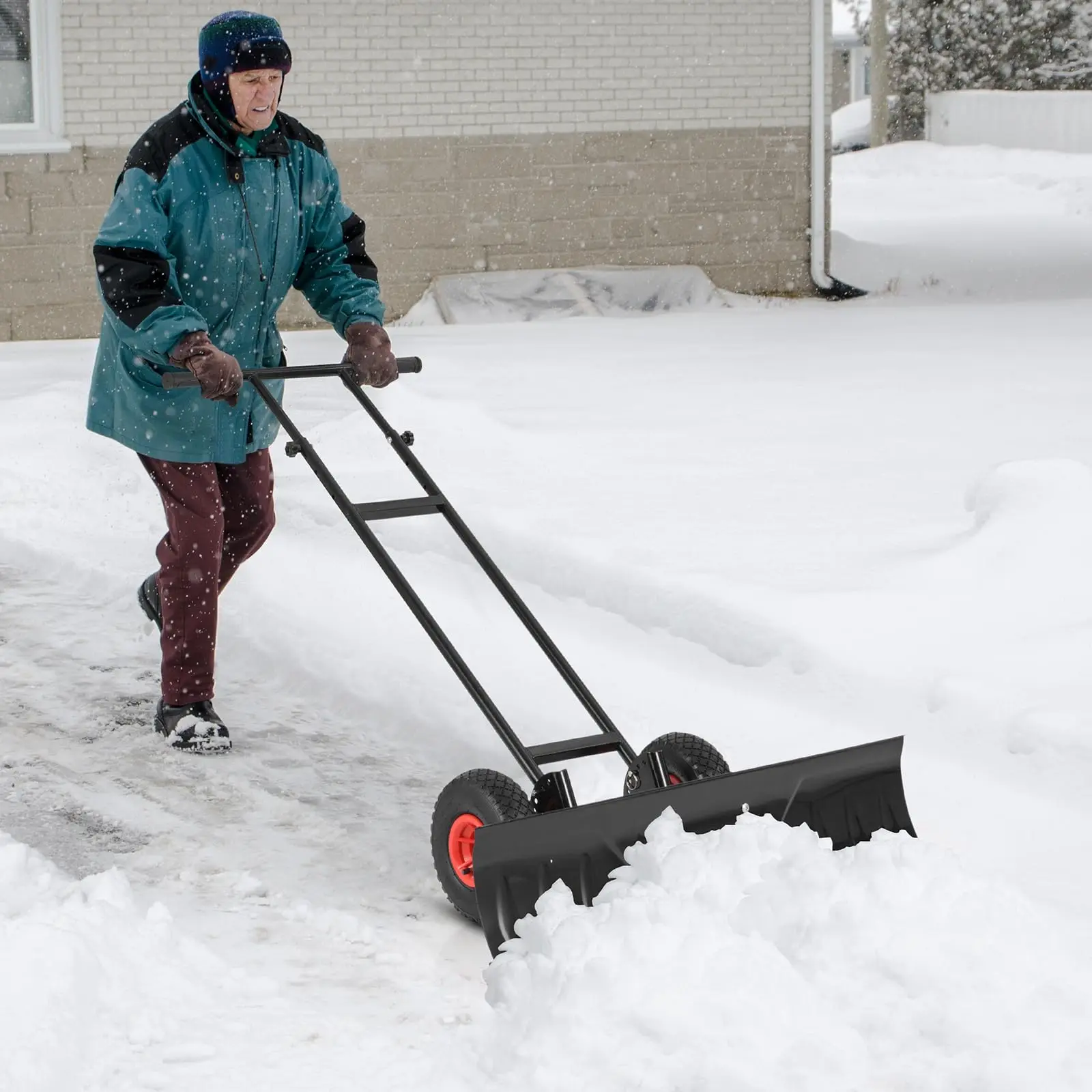 Snow Shovel for Driveway, 36” Wide Metal Snow Pusher with Inflatable Wheels, 7-Position Angled Blade, Adjustable Handle