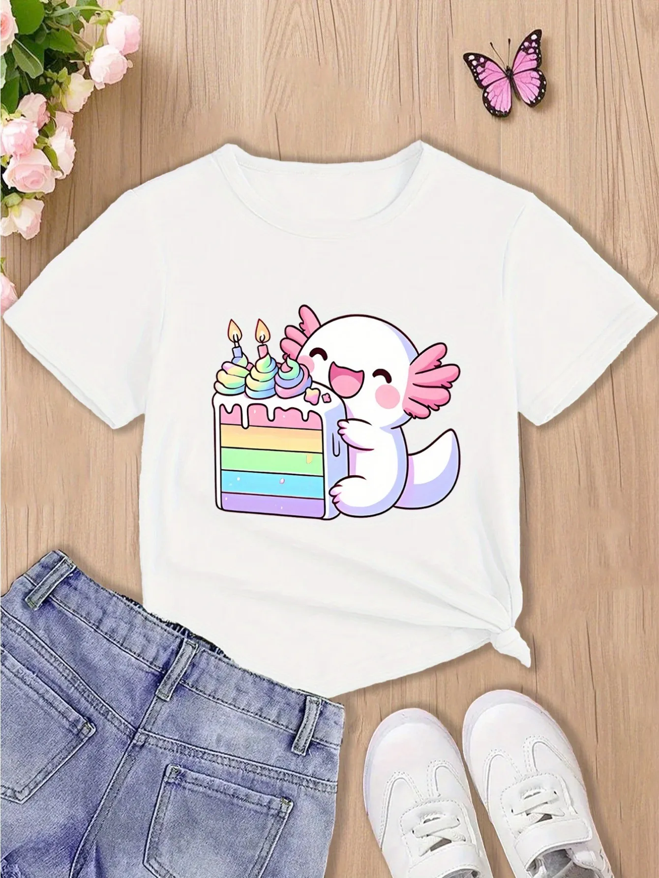 Cartoon Y2k Adorable Axolotl Birthday Cake Print T-Shirt Nature lover Tee Summer Girl Boy Shirt Casual Tops Crewneck Clothing