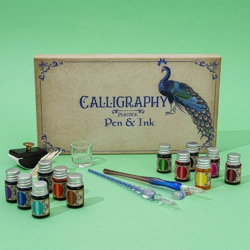 Pluma de inmersión de vidrio y juego de tinta colorida, pluma de caligrafía para principiantes, 12 botellas de tinta para principiantes, escritura de caligrafía gótica para adultos