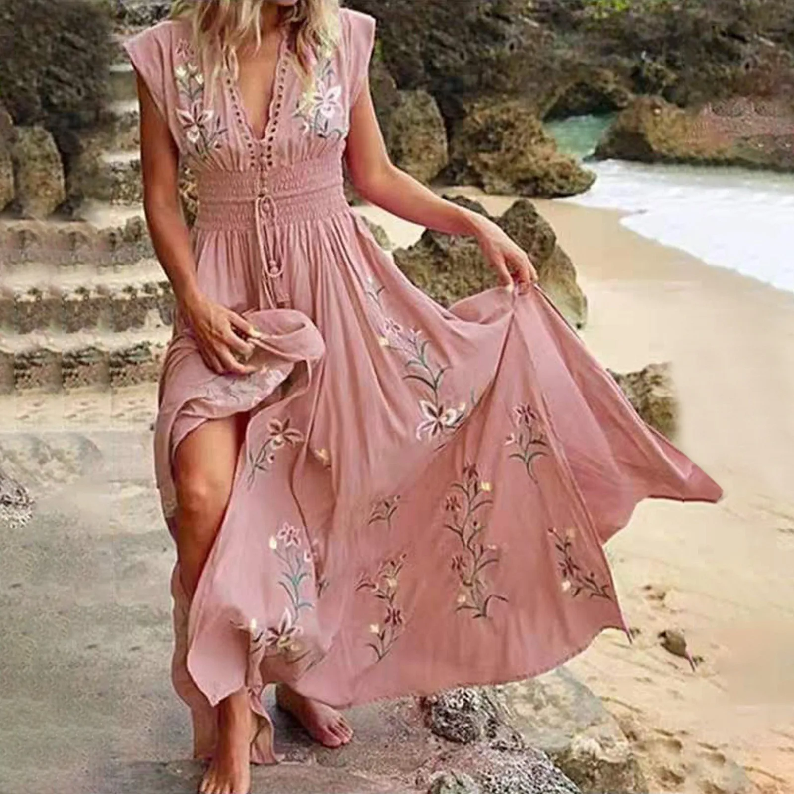 

2024 Summer Short Sleeve Long Dress Women Clothing Vacation Beach Bohemian Sundress Female Korean Fashion Sexy Slim Floral Skirt