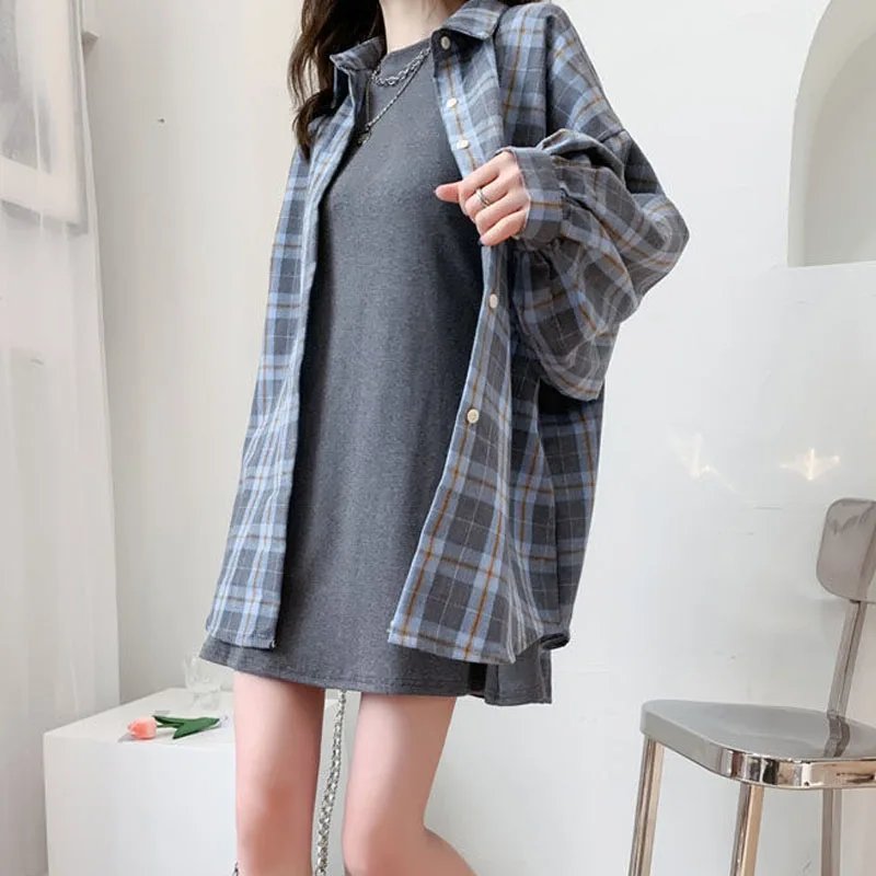 Qweek Vrouwen Plaid Shirt Koreaanse Mode Oversized Blouses Harajuku Lange Mouw Top Chic Vrouwelijke Nieuwe Vintage Kleding Lente 2023