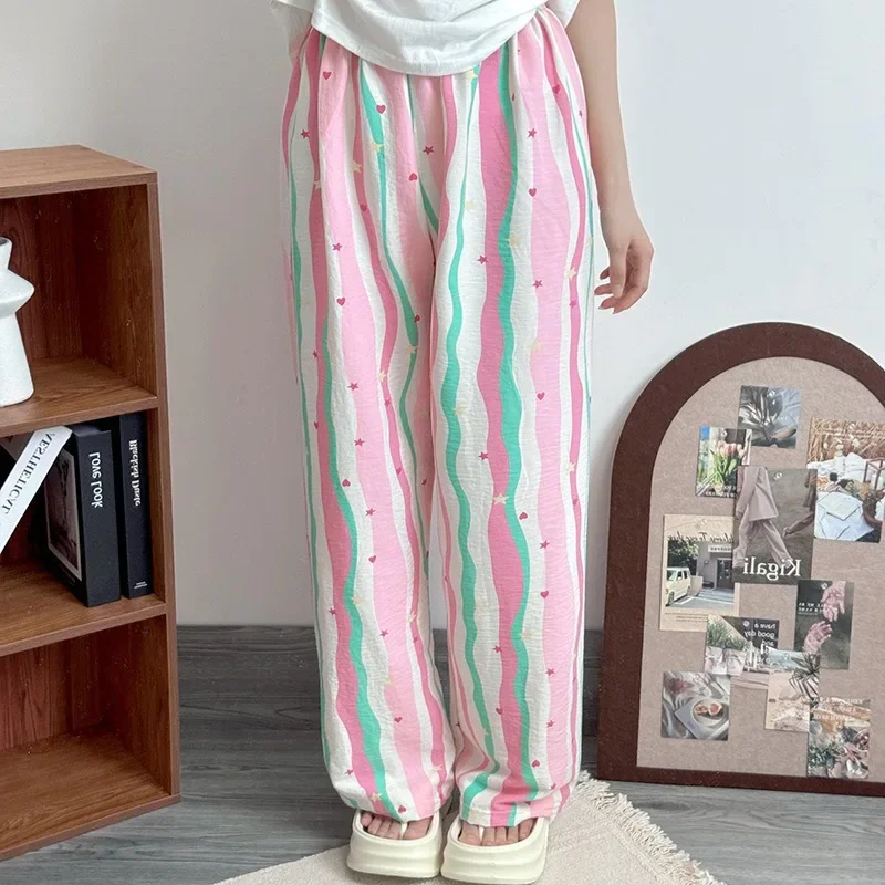 Pajama Pants Women Summer White Cartoon Kitten Trousers Thin Student Home Pants Rainbow Stripes High Waist Straight Leg Loose 4