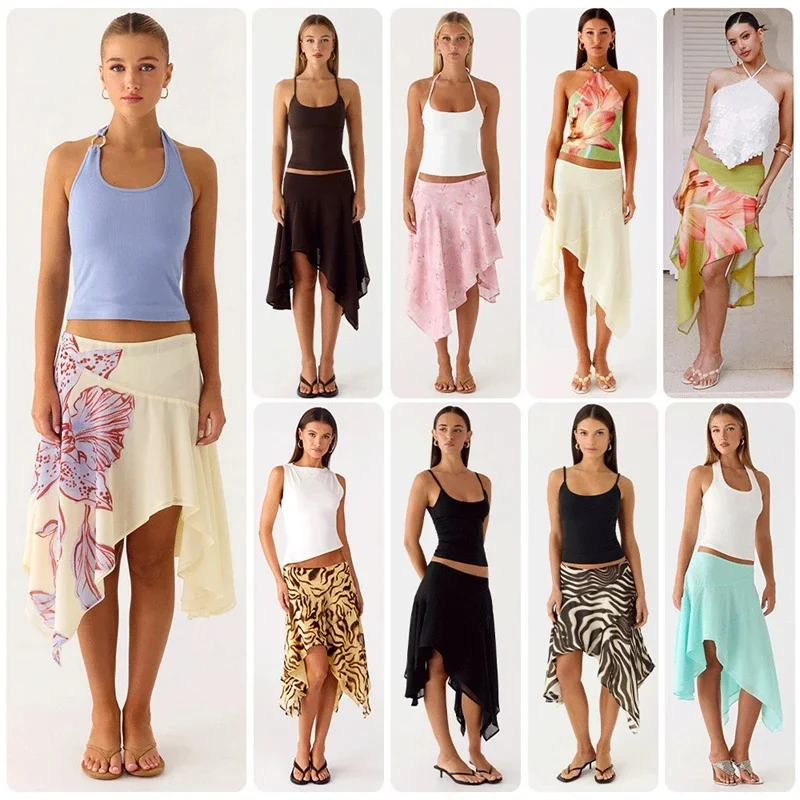 

High Waist Irregular Hem Midi Skirt Summer Resort Casual Vacation Beach Boho Fresh Aesthetic For Women Teens Cute Holiday Gift