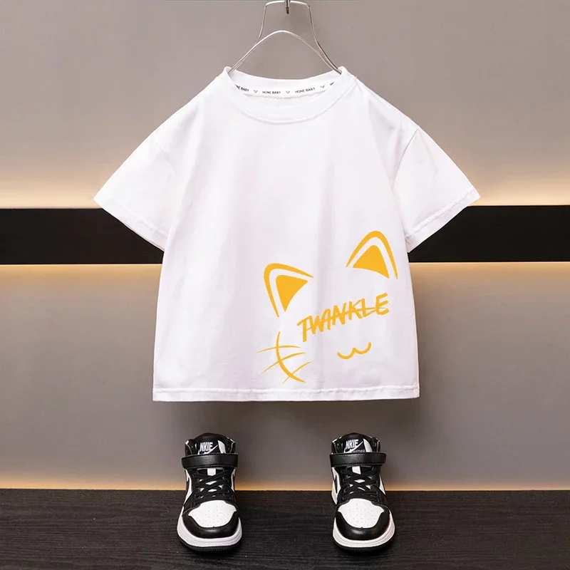 100% Cotton Children\'s T-shirt Boys Round Neck Black Tees Japan Cartoon Cute Cat Girl\'s Top High Quality Printed Clothing 2024