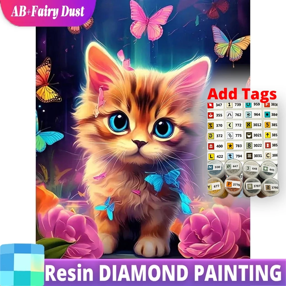 Resin AB Fairy Dust Full Square Round Diamond Painting Cat Animal Pattern For Adults Beginners Diamond Mosaic Butterfly DIY Holi