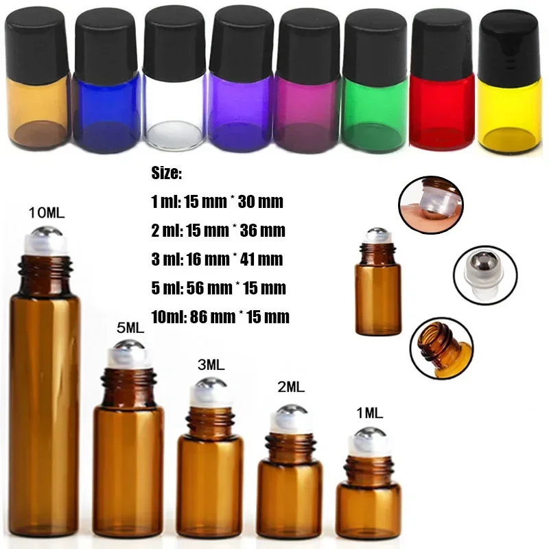 

5 pcs/pack 1ml 2ml 3ml 5ml 10ml Glass Colored Roller Bottles Sample Test Essential Oil Vials with Roller Metal Ball