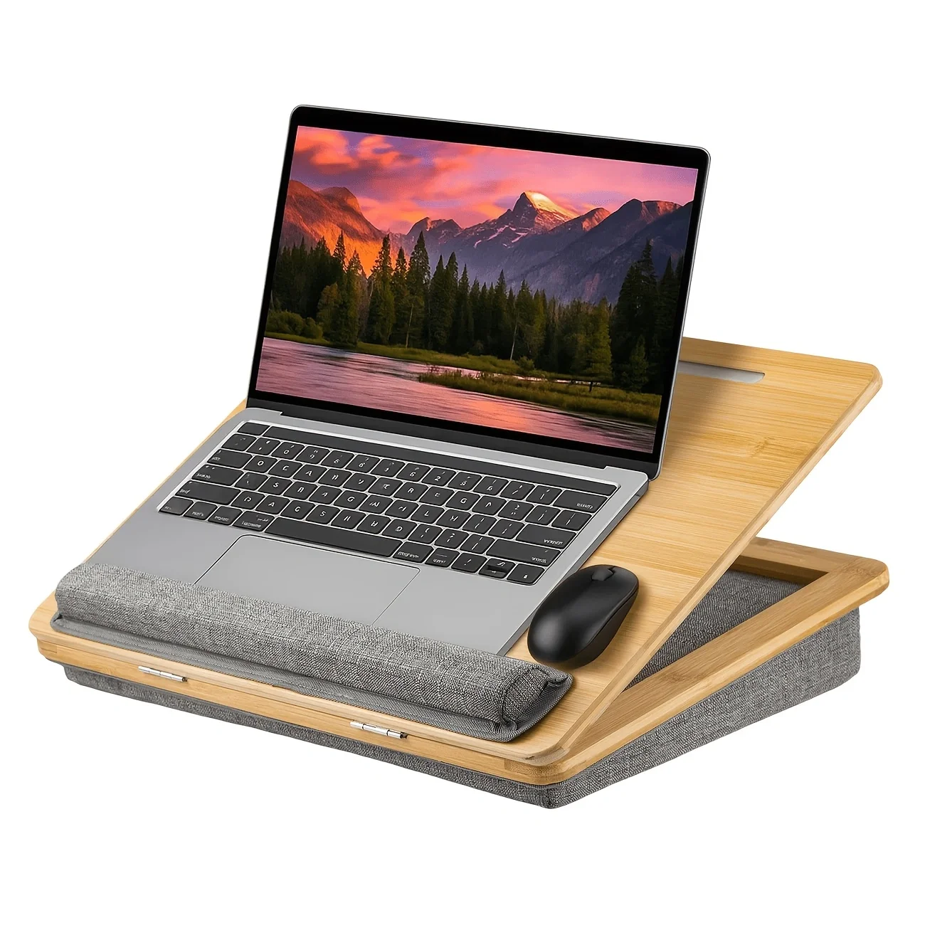 Laptop desk, adjustable bamboo bed tray table with soft padded armrests, portable laptop stand for sofa beds, home offices