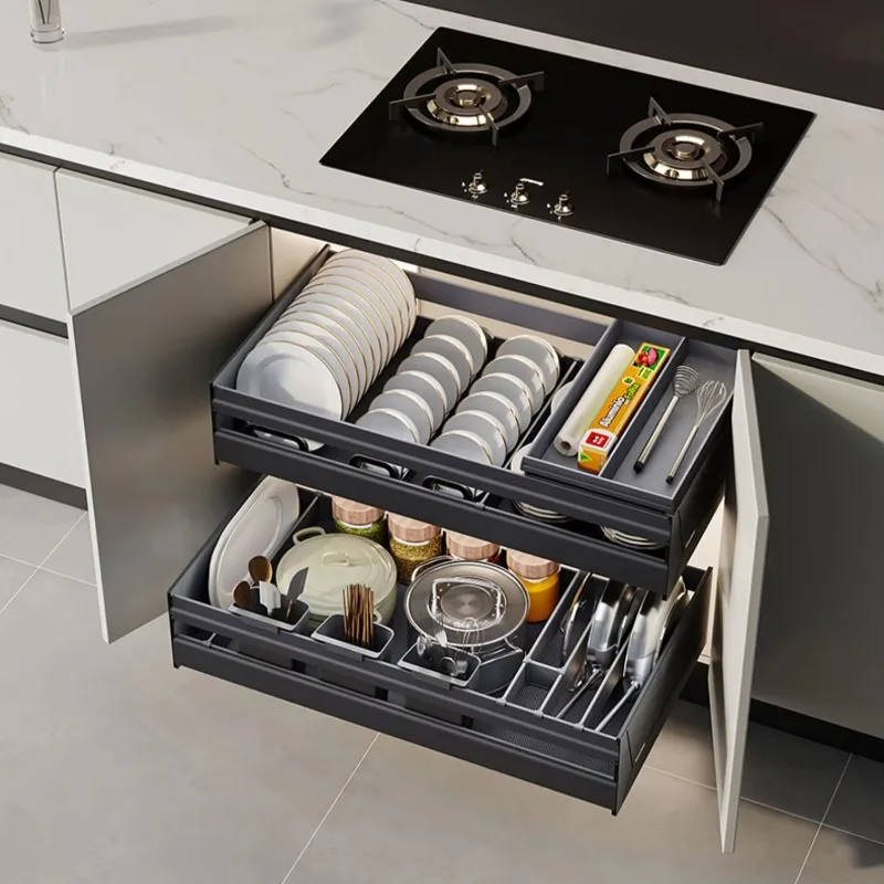 Smart Kitchen Drawer Storage Cabinet Push-pull Dish Storage Basket Multifunctional Knife and Dish Storage Rack