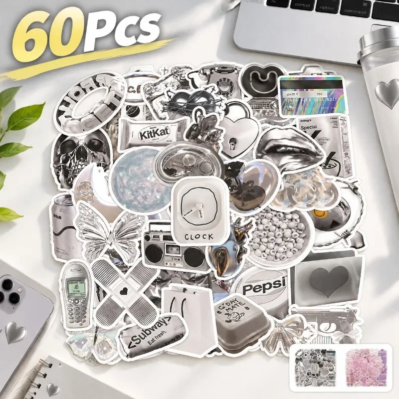 60pcs Silver Minimalist Aesthetic Decals, Waterproof Vinyl Sheet, Phone Shell Garnish, Journal Embellishment, Notebook Inlay