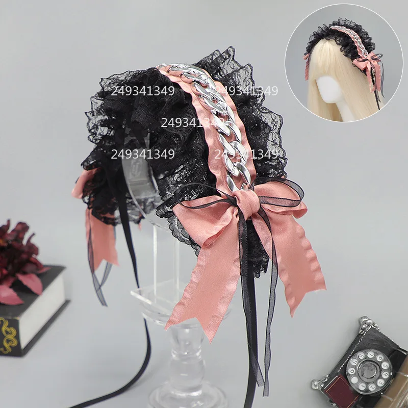 Metal Chain Cosplay Headwear Woman Lace Ruffled Harajuku Headband Lolita Stage Dress Up Headdress Comic-con Costume Accessories