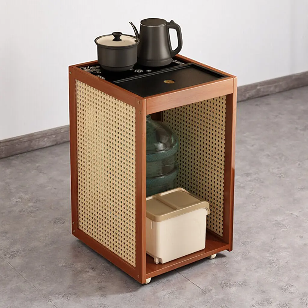 Imitation Rattan Mobile Tea Cart Integrated Water Boiling Cabinet Multipurpose End Table Compact Tea Station for Living Room