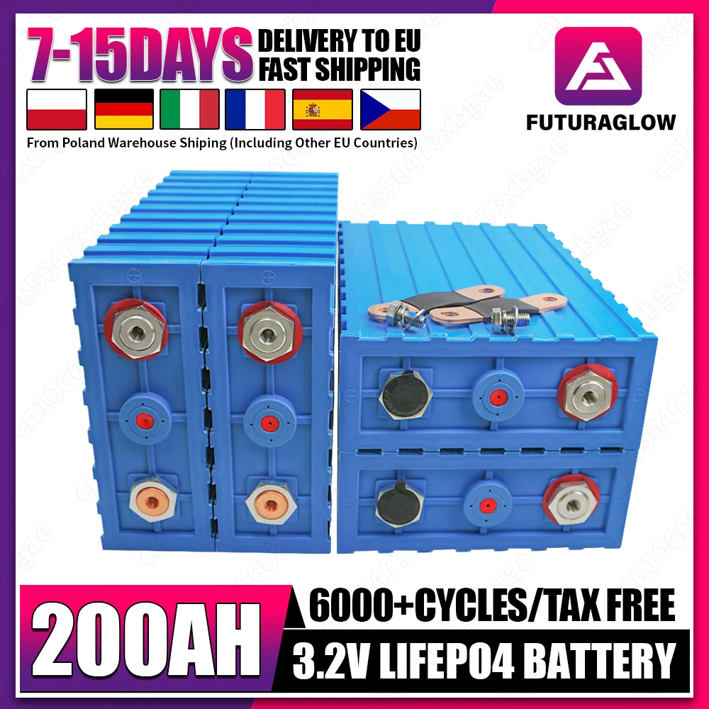 EU STOCK 200Ah Lifepo4 3.2V Battery 6000+ Cycles Rechargeable Lithium-ion Battery DIY 12V 24V 48V For RV Wheelchair Golf Cart EV