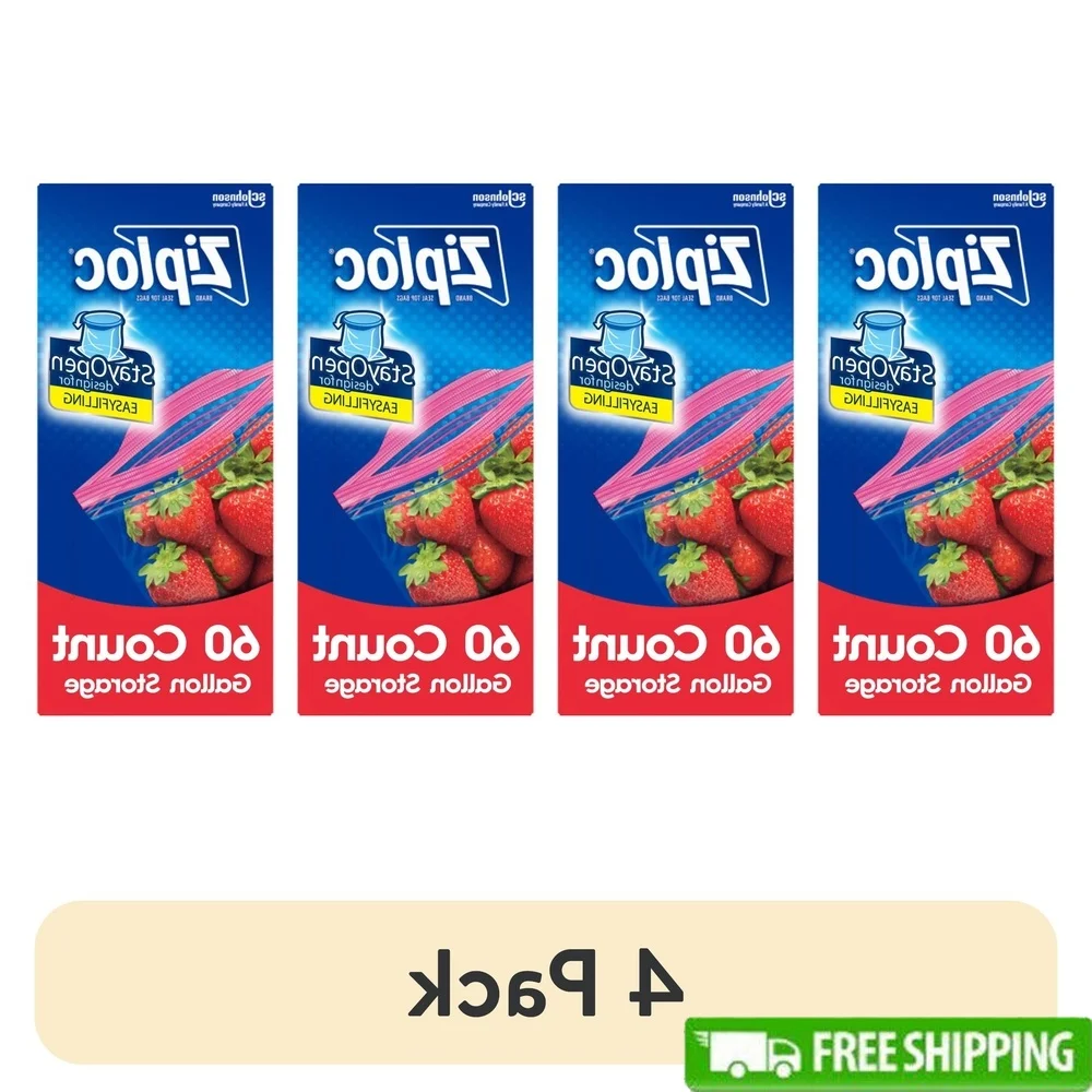

4 Pack Stand Up Storage Bags Grip n Seal Technology Reusable Food Storage Bags Double Zipper Seal Easy Fill Gallon Size