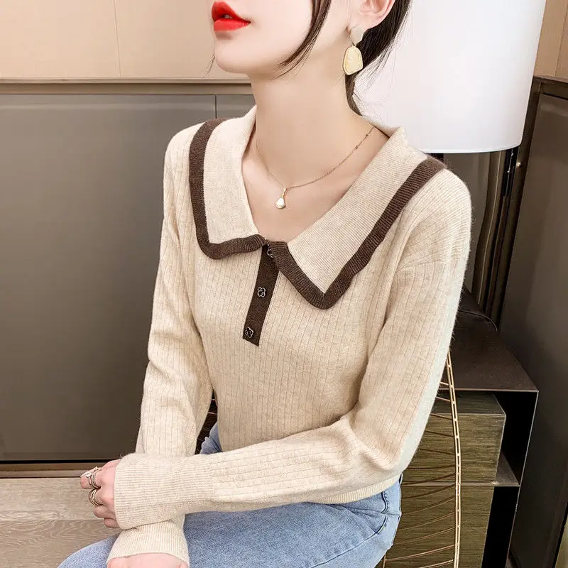 Sprint Autumn Fashion Women\'s Contrast Color Kawaii Sweet Peter Pan Collar Slim Knitwear Casual Long Sleeve Pullovers Top Female