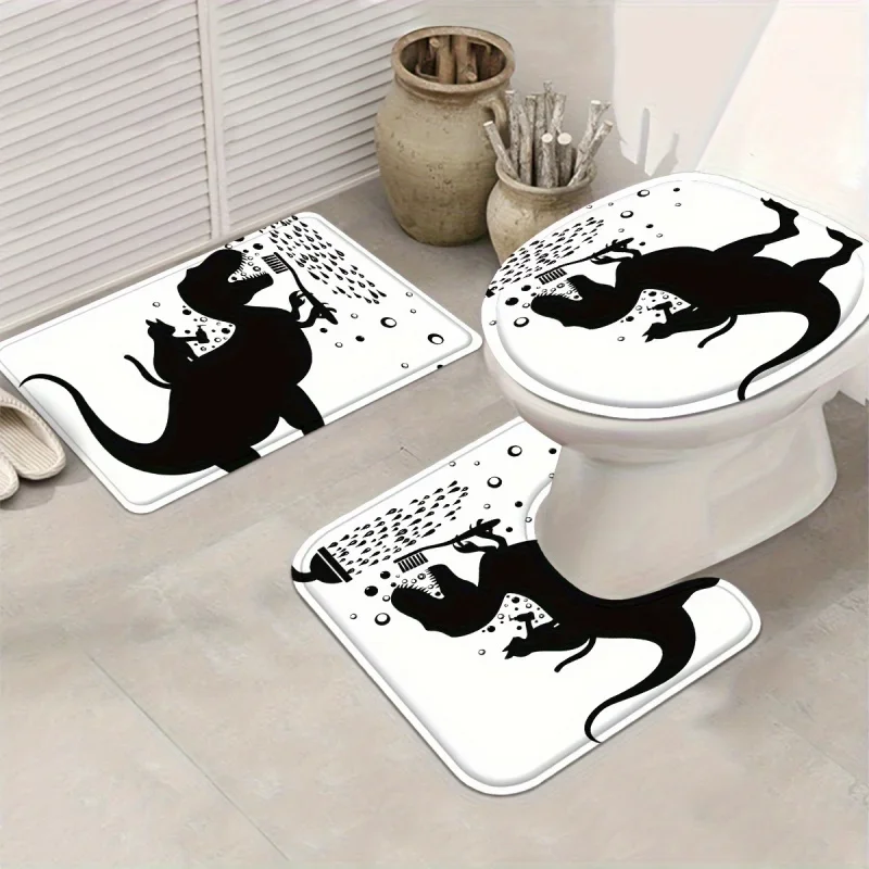 3 Pieces Funny Dinosaur Cat Bathroom Rugs Set, Black‑White Silhouette T‑Rex Brushing Teeth Cartoon Pattern Non‑Slip Bath Mat U‑Shaped Rug Toilet Seat Cover, Kids Humorous Home Bathroom Decor Gift