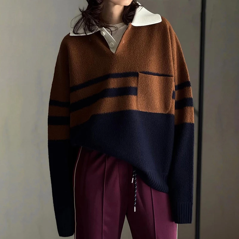 

Retro College Sle Loose Knitted Sweater Collar Color Blo Striped Design Casual Comfortable Long Sve Women's Top