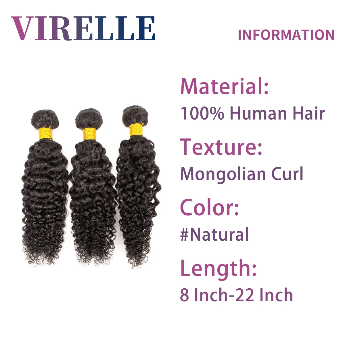 VIRELLE Human Hair Bundles Curly Mongolian curl 3 Bundles Brazilian Natural Black Human Hair Remy Hair 100% Human Hair Natural