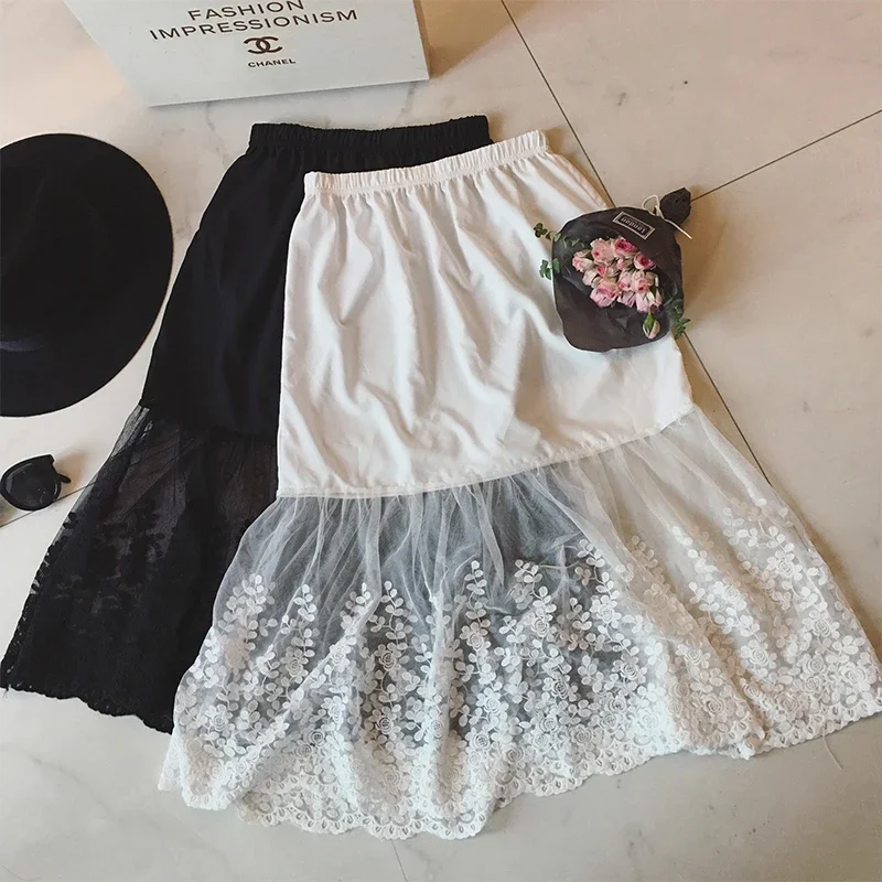 2024 Women Lady Lace Slip Casual Skirt Knee Length Natural Waist A-Line Floral Underskirt Petticoat Fashion New White Black