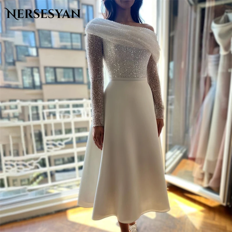 

Nersesyan Satin Off The Shoulder Evening Dresses Sparkly Sequins Long Sleeves Party Dress Draped Ankle-Length Vestidos De Novia