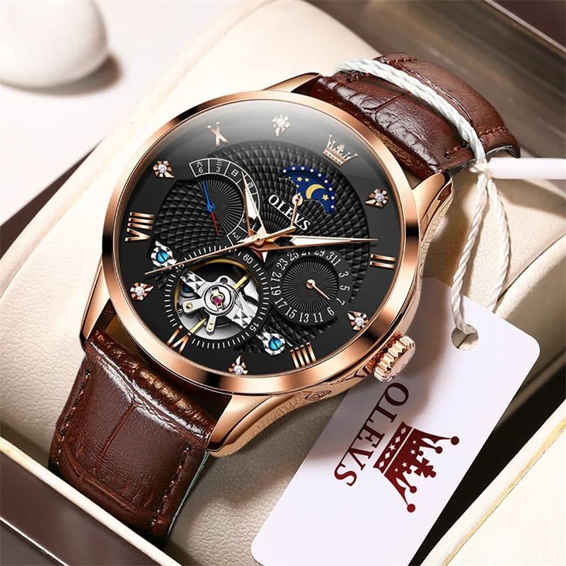 Reloj Hombre OLEVS Classic Multifunction Leather Mens Watches Automatic Mechanical Watch Men Tourbillon Clock Rose Gold