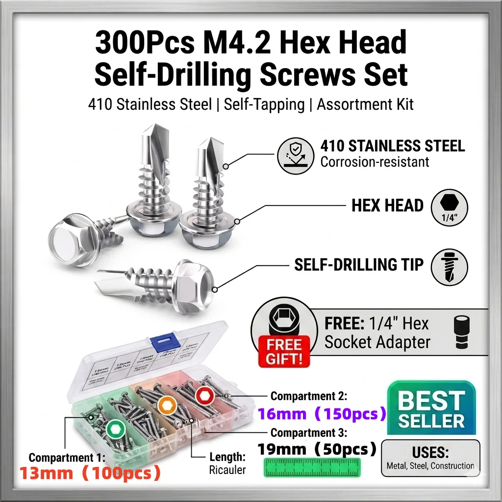 300pcs M4.2 8# Hex Head Self Drilling Screws Kit 410 Stainless Steel Tek Sheet Metal Tapping Screw Assortment Box 13mm 16mm 19mm