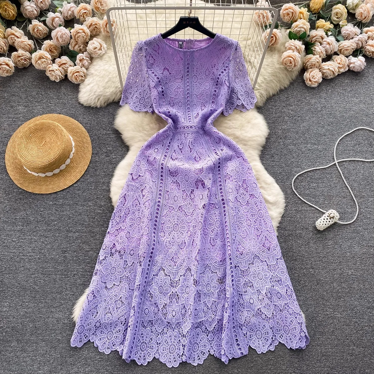

Embroidery Crochet Hollow Out Lace Dress For Women Summer Fashion Runway Short Sleeve Slim Waist Casual Party Midi Vestidos 6931