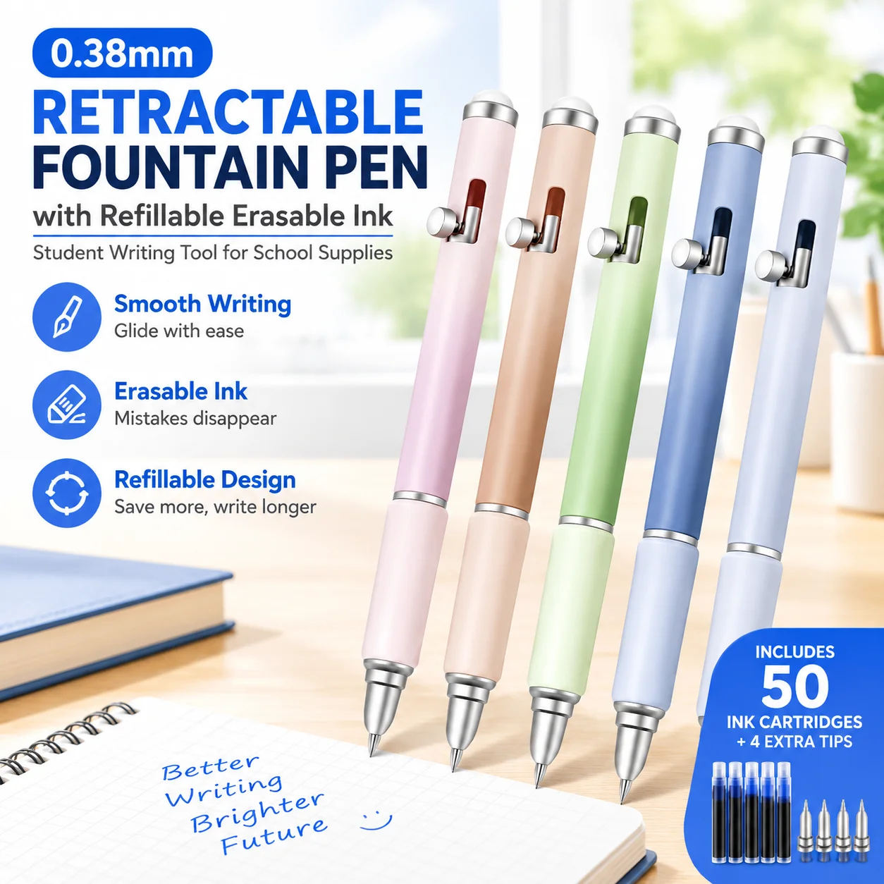 0.38mm Retractable Push Button Fountain Pen with Refillable Erasable Ink, Student Writing Tool for School Supplies