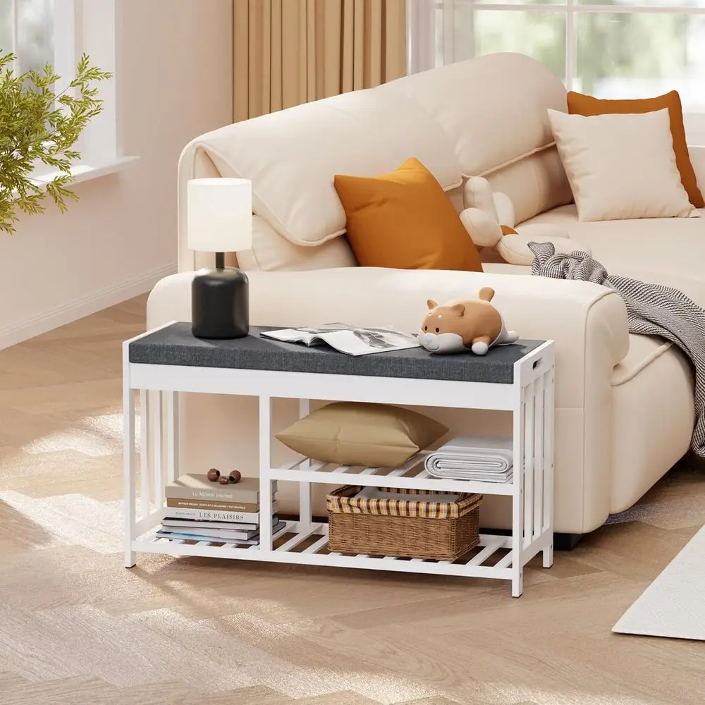 White 2-Tier Shoe Storage Bench with Cushion and Flip-Top for Entryway, Hallway, and Bedroom