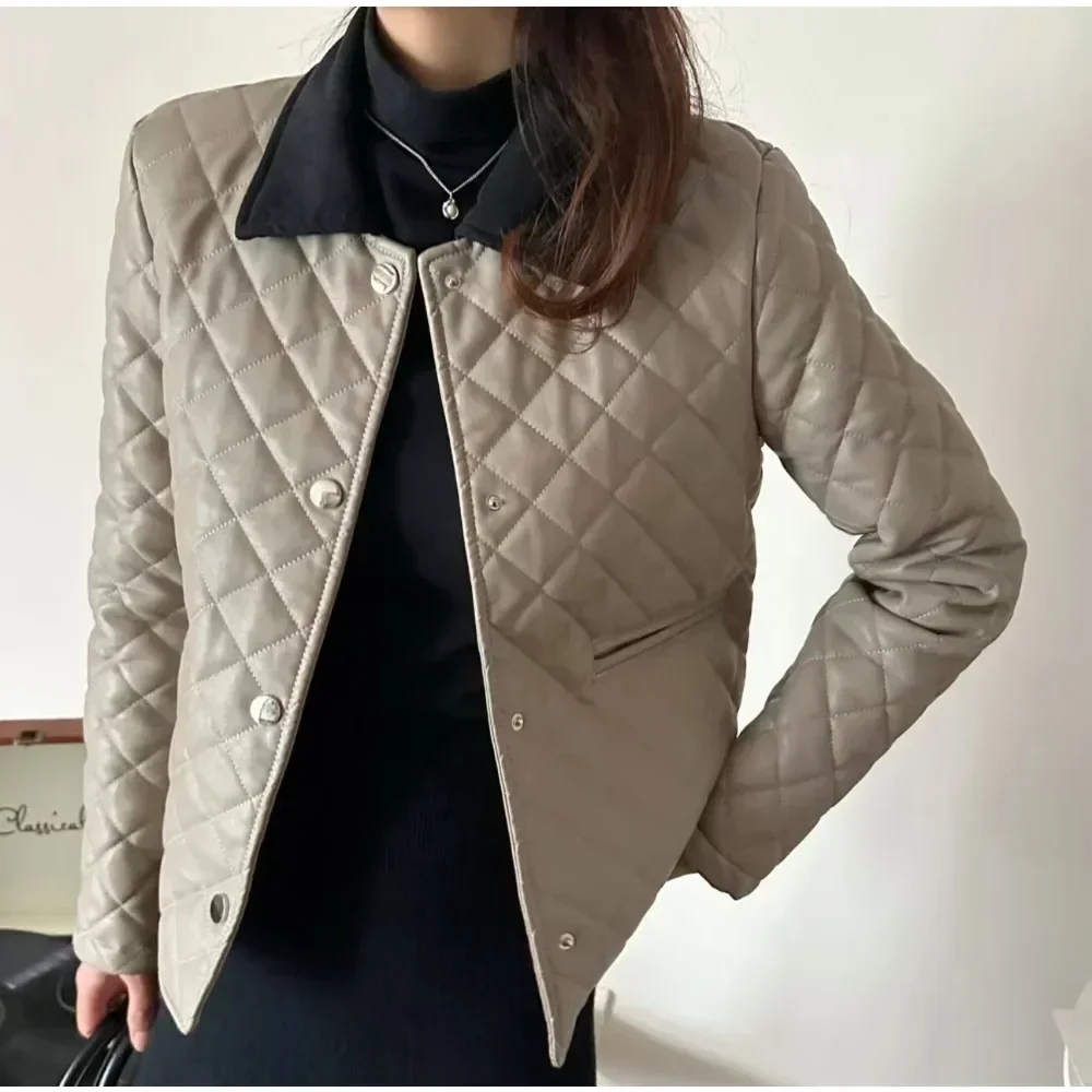 2024 PU Faux Leather Jackets for Women Winter Short 2024 New Lapel Rhomboid Fashion Warm Women\'s Leather Coat High Street