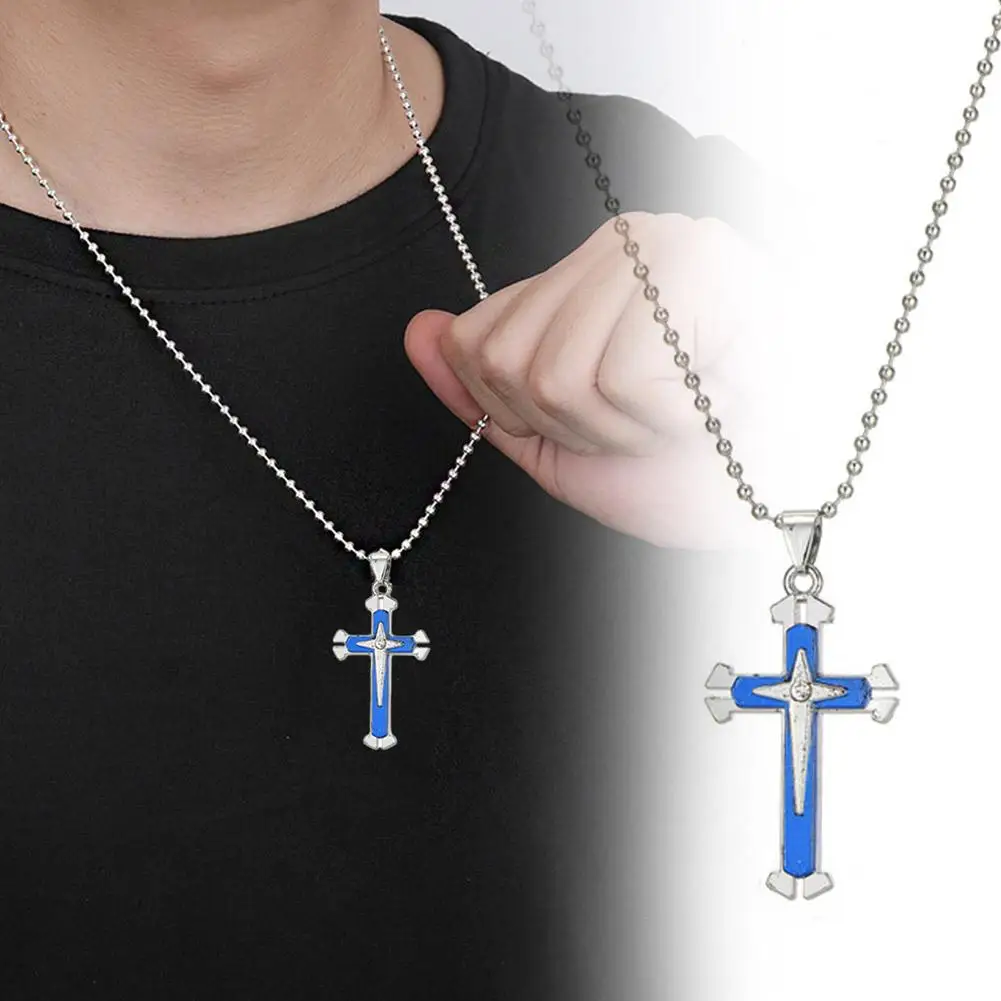 Vintage Crosses Pendant Necklace With Bead Chain Jewelry Necklace Accessories Fashion Men Patterned Blue Alloy Cross W9U6