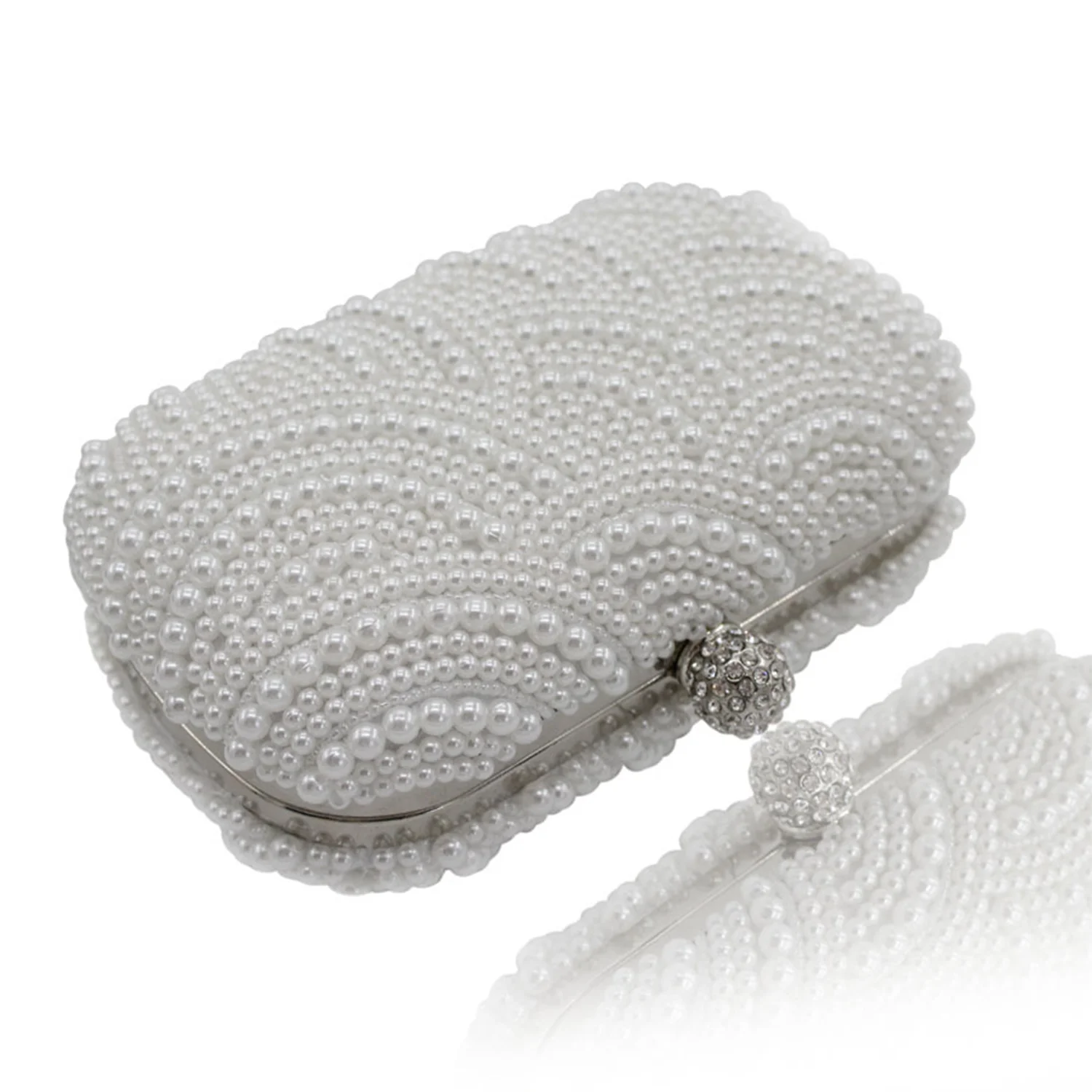 Vintage Women's Evening Handbag with Beaded Pearls And Diamonds Small Chain Shoulder Bridal Wedding Clutch Metal Prom Party Bag