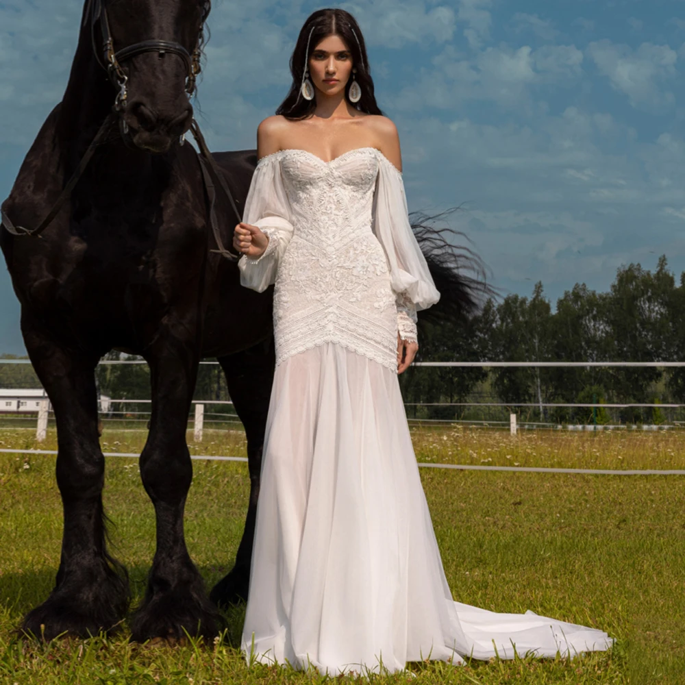البوهيمي قبالة الكتف فستان الزفاف الحبيب للعرائس يزين الدانتيل غمد الجانب الشق تول زي العرائس حسب الطلب