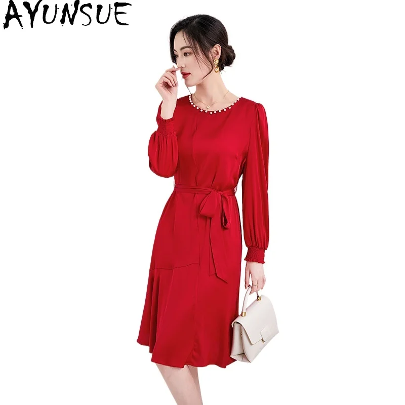 

AYUNSUE 92.3% Mulberry Silk Dress for Women Clothes 19mm Real Silk Elegant Women's Dresses Spring Summer Dress 2024 Lace-up