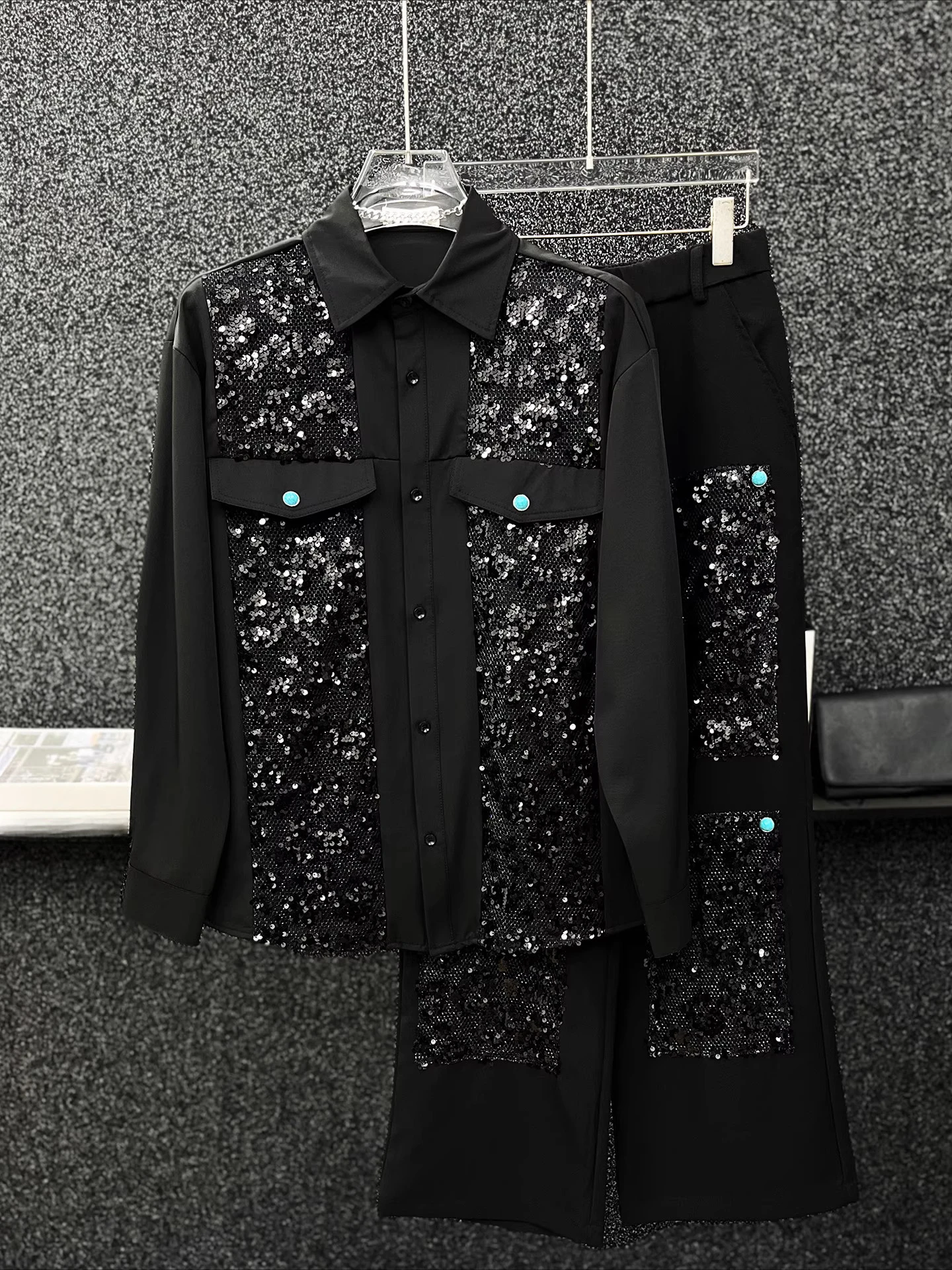 Men's 2025 Spring Autumn New Sequin Splicing Long Sleeve Shirt Sets Handsome Loose Comfort Shirt Straight Pants Two-Piece Sets