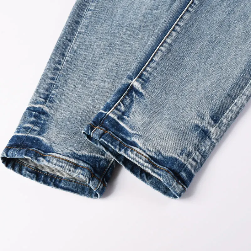 Street Designer Fashion Men Jeans High Quality Retro Blue Stretch Slim Ripped Jeans Men White Patched Brand Hip Hop Denim Pants