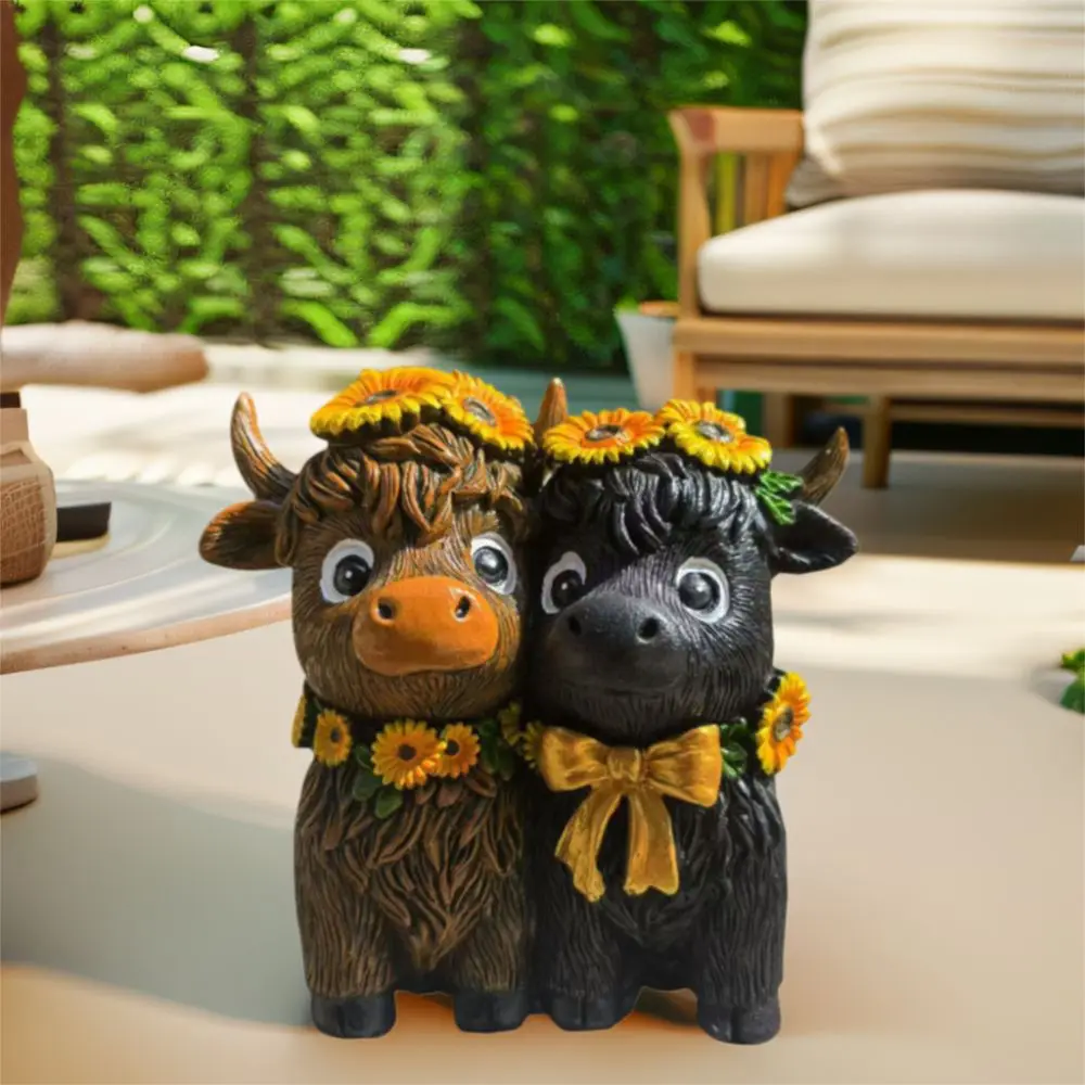 

Spring Sunflower Highland Cow Figurines Funny Handmade Highland Cow Gnomes Ornament Resin Unique Scottish Cow Statue