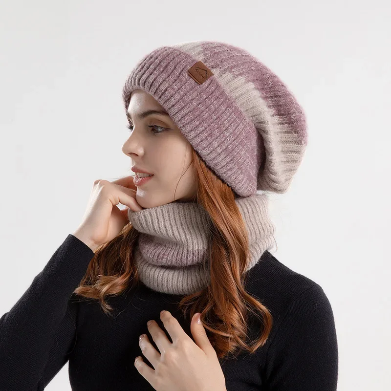 

Winter Two-piece Two-color Hat Women's Thickened Warm Ear Protector Wool Hat Fleece Scarf Knitted Hat