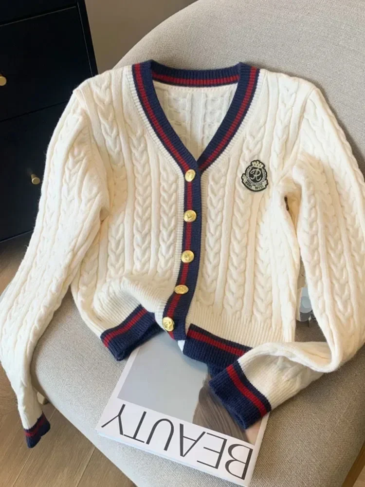 Casual Preppy Women V‑Neck Short Pullover Sweater Twist Knitted Print Long Sleeve Medium Thickness Autumn Winter College Tops